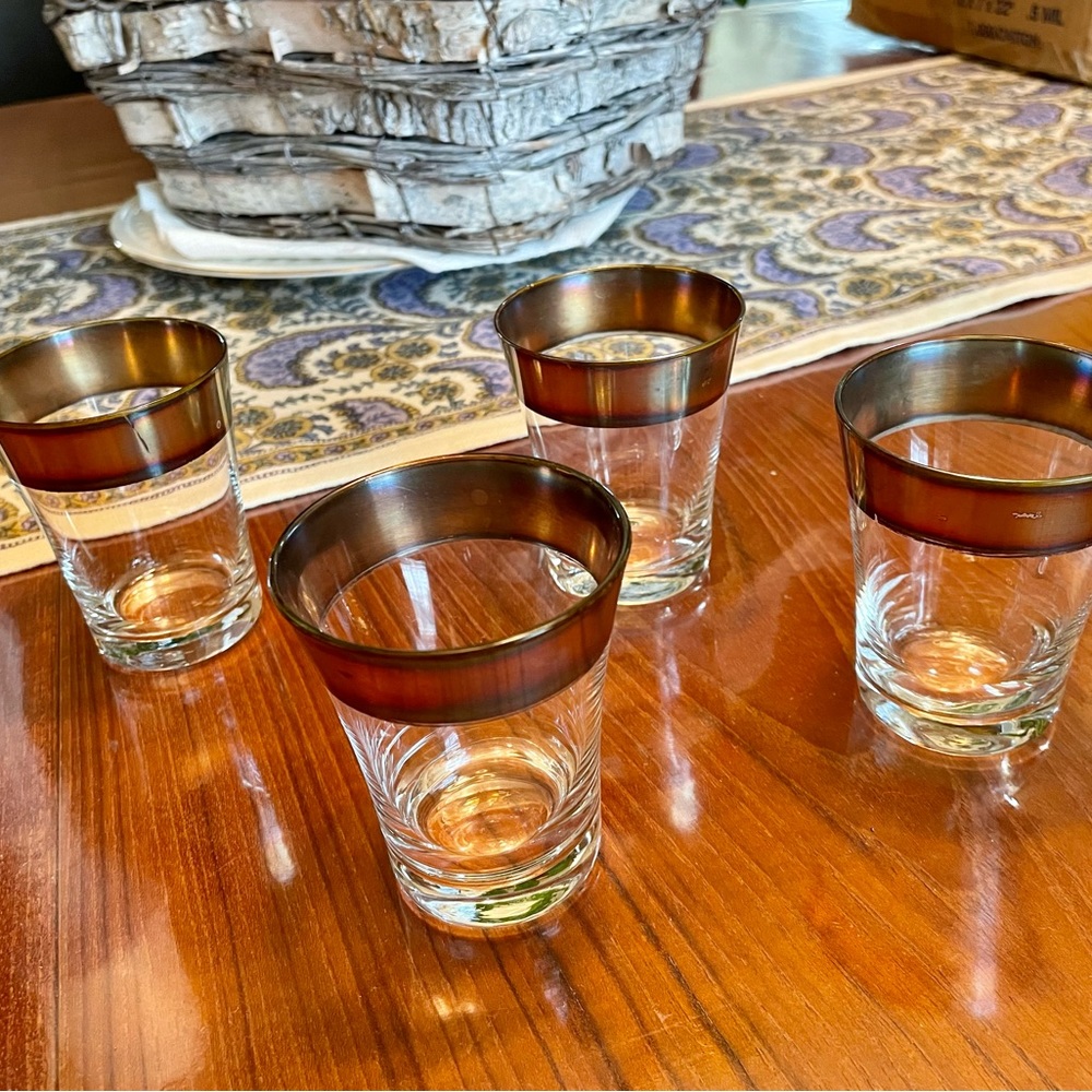 4 Mid-Century Modern, Dorothy Thorpe Vintage 2oz. Shot Glasses Wide Silver Band.
